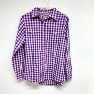 WRANGLER Button Down Women Size Medium Purple Pearl Snap Long Sleeve Plaid